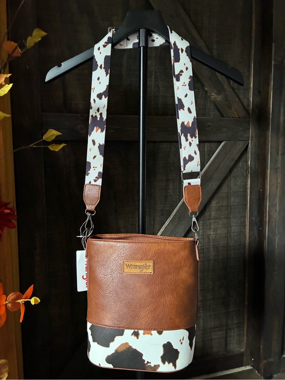 Wrangler Brown Leather & Cowhide Print Crossbody with Printed Strap 10 L 12 W